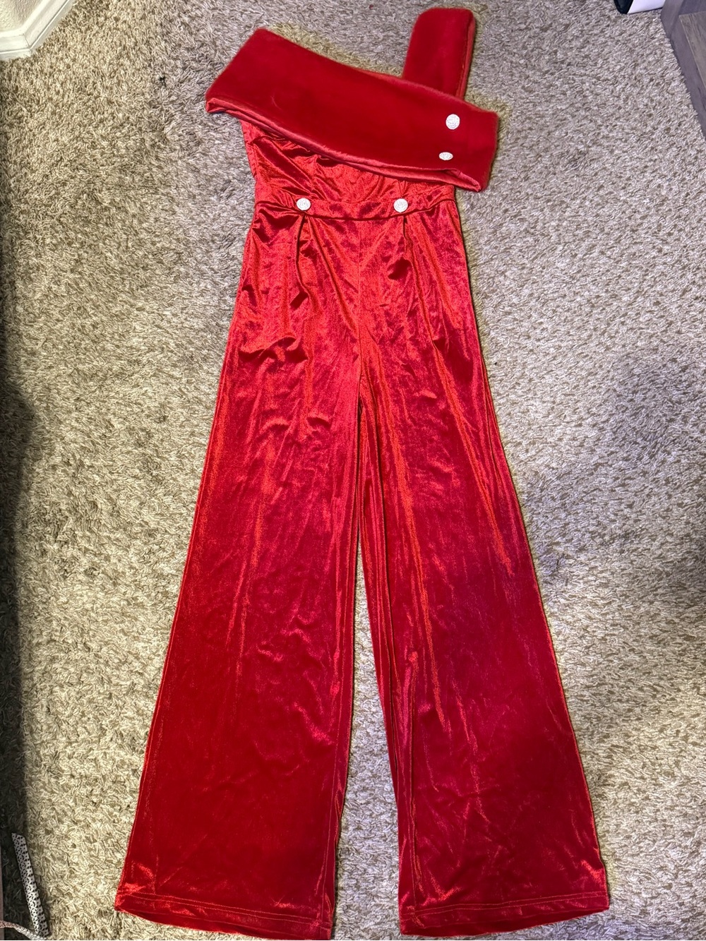 One-Shoulder Red Velvet Wide-Leg Jumpsuit